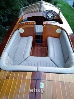 30 foot modified triple cockpit Chris Craft runabout. Twin V8 engine mahogany