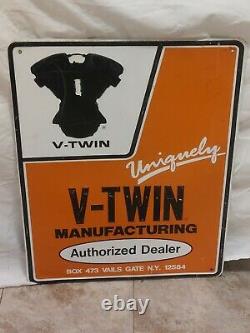 Vintage V-TWIN MOTORCYCLE ENGINE DEALER Embossed Sign Gas Oil Bike Advertising
