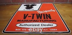 Vintage V-TWIN MOTORCYCLE ENGINE DEALER Embossed Sign Gas Oil Bike Advertising